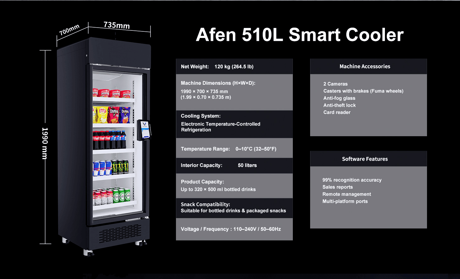 Máquina expendedora con IA intelixente AFEN de 510 L, dimensións e capacidade Capacidade de almacenamento de alta densidade da máquina expendedora de IA AFEN que maximiza o retorno do investimento no comercio minorista nun espazo compacto